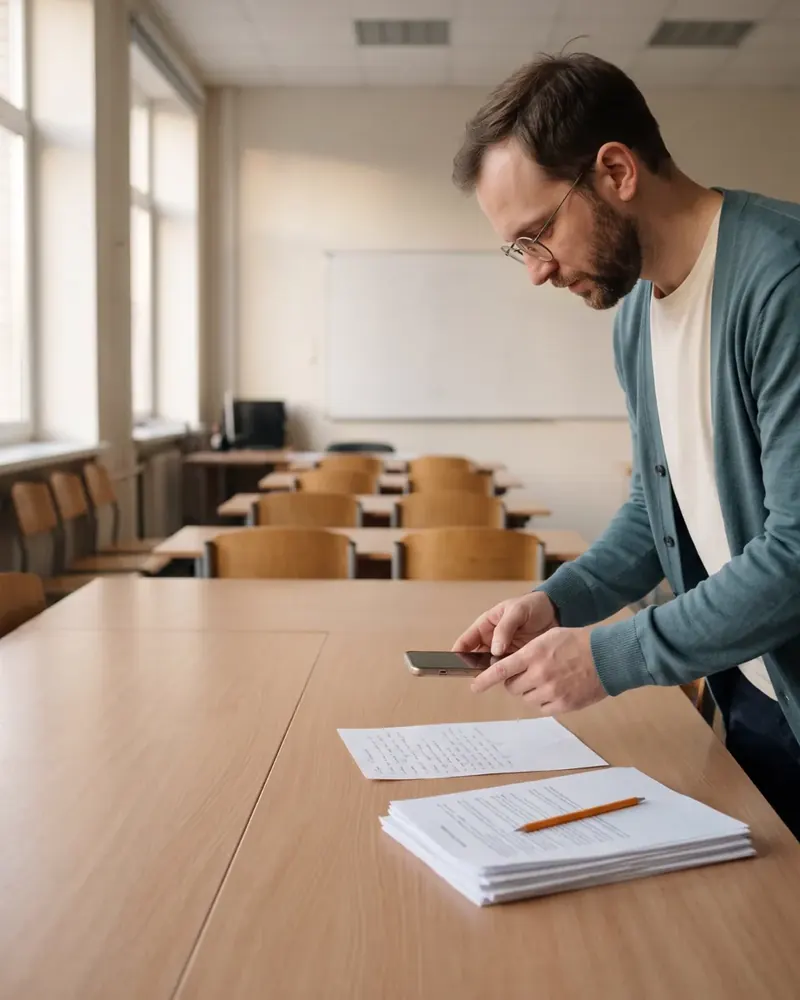 A teacher standing in an empty classroom photographs a handwritten paper on the desk with his phone.