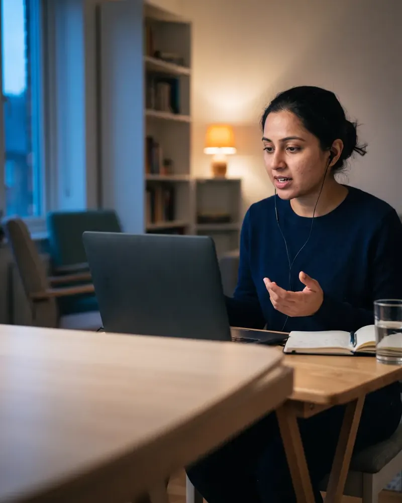 An adult practises speaking at home, one earbud in, in front of a laptop and a notebook.